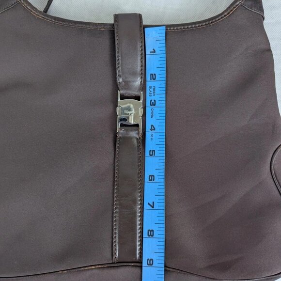 FERRAGAMO Vara Bow Solid Knit Nylon Designer Formal Medium Brown Hobo Charm BAG - Picture 13 of 16